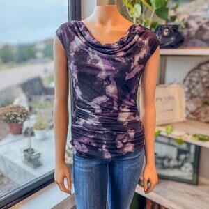 Classiques Entier, Silk Blend Cowl Neck Drape Blouse Black Purple Gray, Medium